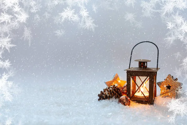 Christmas Background Lantern Snow Candle — Stock Photo, Image