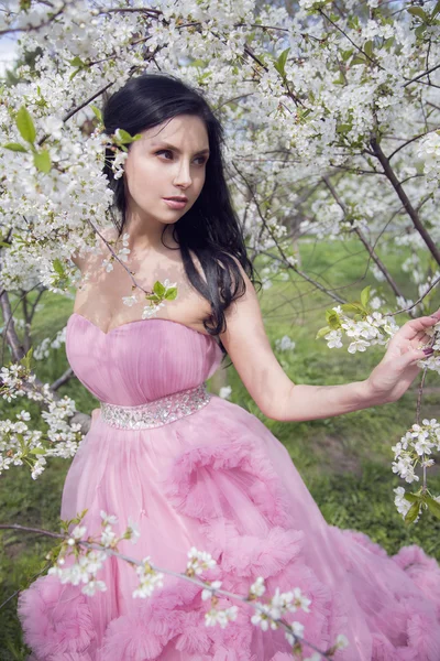 Young woman in the garden of apple blossom — Stockfoto