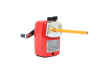 Beyaz arkaplanda izole edilmiş sarı kalemli döner kalem açacağı..