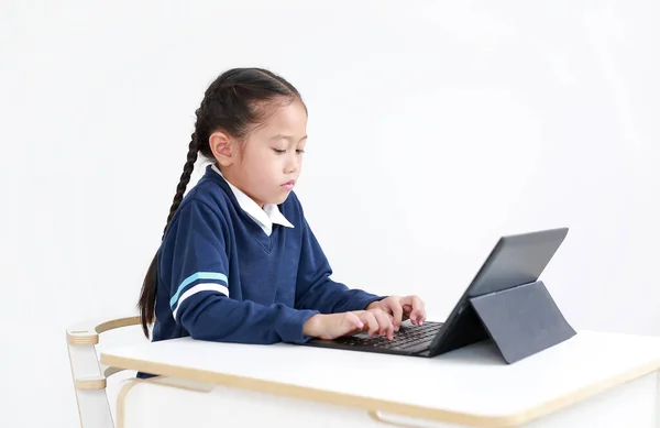 Portrait Asian Little Child Girl School Uniform Using Laptop Table — Stock Photo, Image