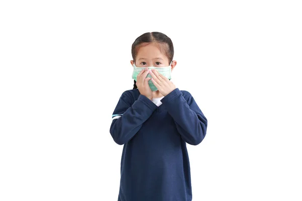 Portrait Asian Little Kid Girl Wearing Medical Mask Isolated White — Stok Foto