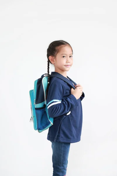 Porträtt Asiatisk Liten Flicka Casual School Uniform Med Ryggsäck Vit — Stockfoto