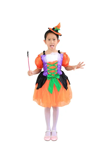 Zabawna Twarz Azjatycka Dziewczynka Kostiumie Halloween Odizolowana Białym Tle Pełna — Zdjęcie stockowe