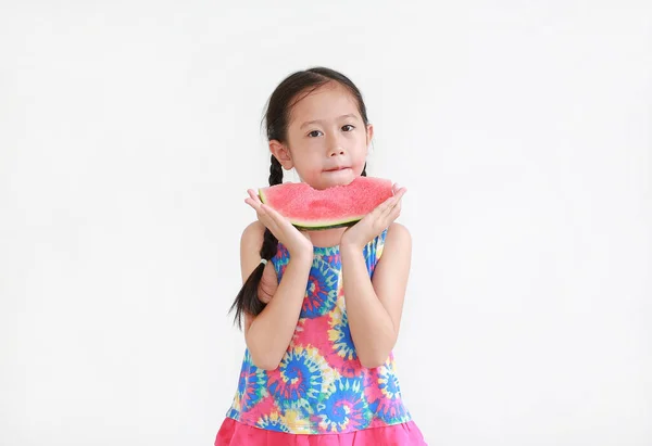 Portrait Asiatique Petit Enfant Fille Manger Pastèque Isolé Sur Fond — Photo