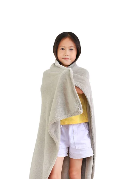 Asiatique Petit Enfant Fille Couverture Tête Avec Gris Couverture Isolé — Photo