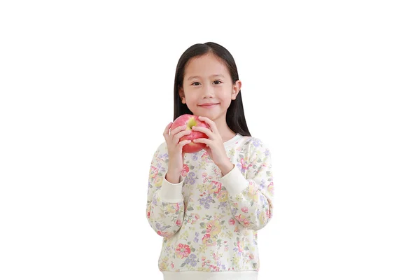 Retrato Pouco Ásia Menina Segurando Maçã Fruta Mão Isolado Branco — Fotografia de Stock