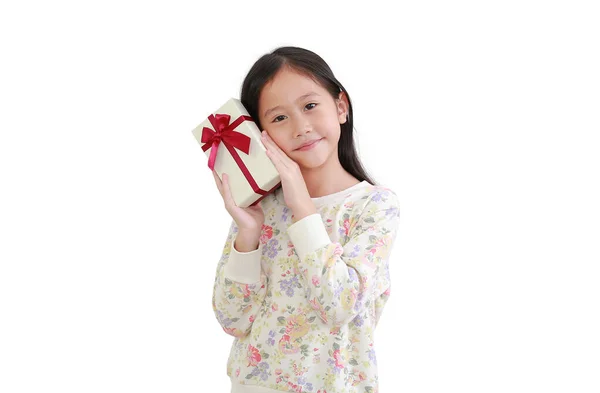 Feliz Niña Asiática Con Caja Regalo Sobre Fondo Blanco Feliz —  Fotos de Stock