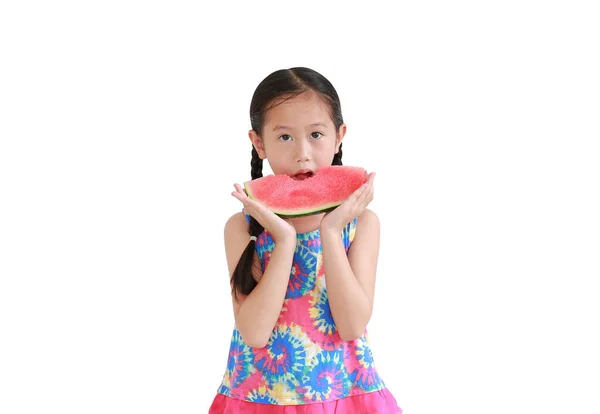 Retrato Ásia Pouco Criança Menina Comer Melancia Isolado Branco Fundo — Fotografia de Stock