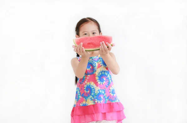 Portrait Asian Little Kid Girl Eating Watermelon Isolated White Background — Stock Photo, Image