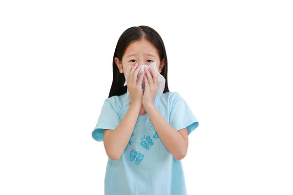 Retrato Ásia Pouco Criança Menina Doente Espirro Com Tecido Papel — Fotografia de Stock
