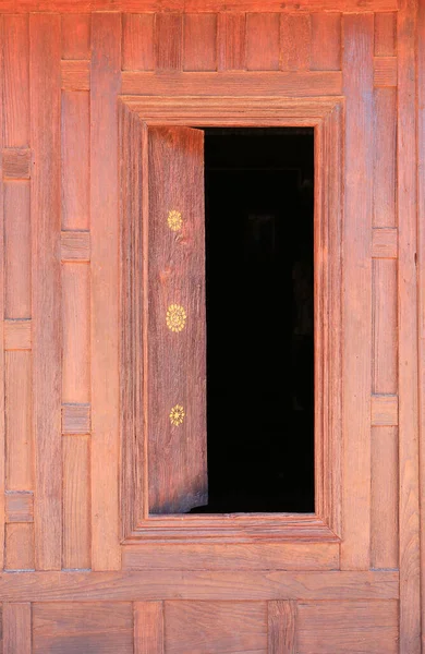 Open Window Thai Style Wooden Windows Brown Wood Wall Background — Stock Photo, Image