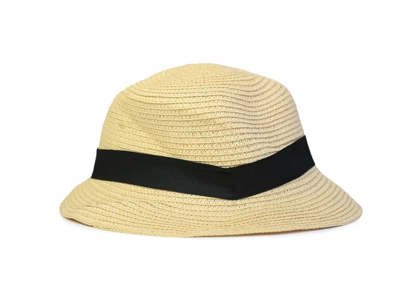 Cappello Paglia Con Nastro Nero Isolato Sfondo Bianco Con Percorso — Foto Stock