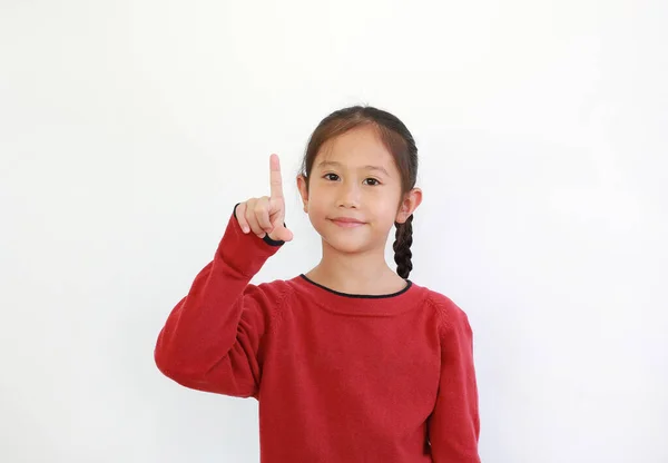 Leende Ung Asiatisk Liten Flicka Röd Tröja Pekar Pekfinger Upp — Stockfoto