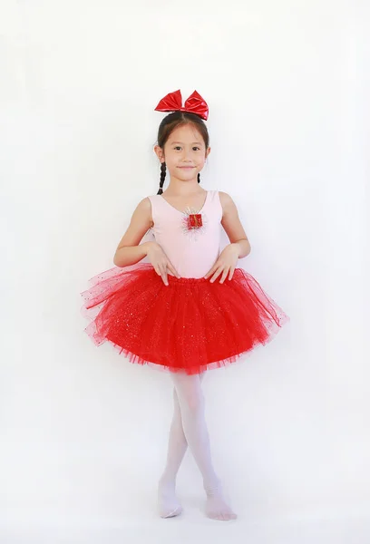 Feliz Asiático Bailarino Menina Rosa Vermelho Tutu Saia Isolado Fundo — Fotografia de Stock