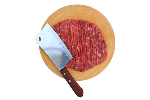 Gehakt Fijn Rundvlees Met Hakmes Cirkel Hout Snijplank Geïsoleerd Witte — Stockfoto