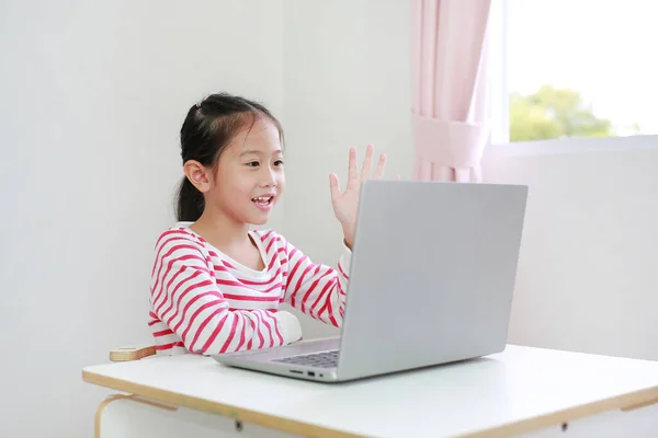 Asian Child Study Online Learning Class Video Call Laptop Teacher — Stock Photo, Image