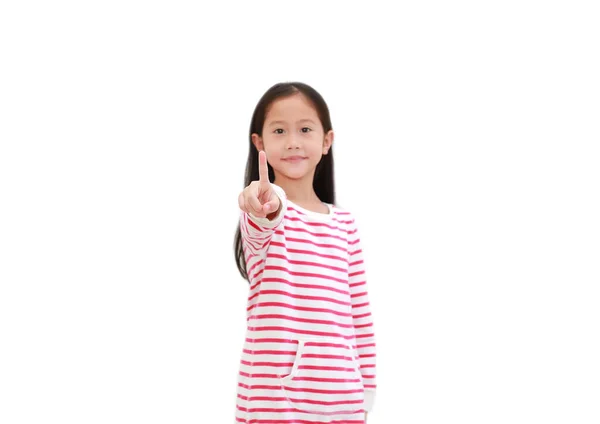 Asiatique Petit Index Point Enfant Appuyant Sur Bouton Imaginaire Avant — Photo