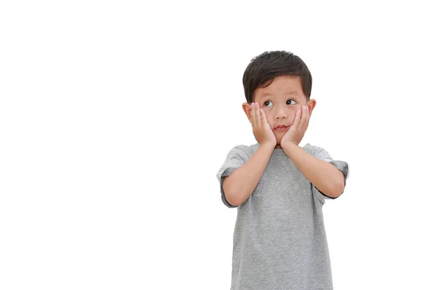 Schattige Kleine Jongen Zoek Naar Boven Geïsoleerd Wit Met Clipping — Stockfoto