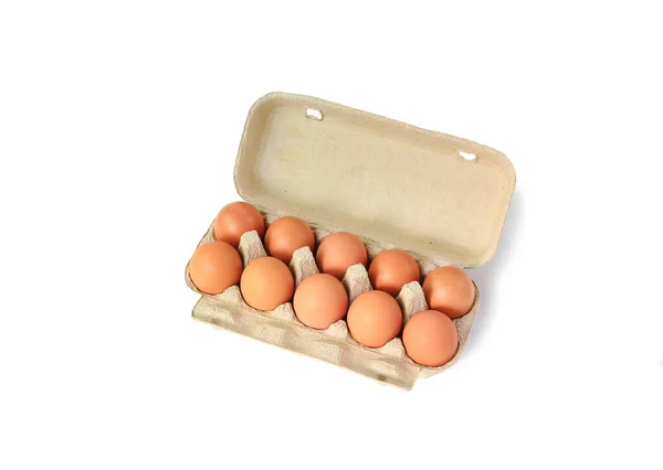 Huevos Marrones Pollo Caja Cartón Aislados Sobre Fondo Blanco Con — Foto de Stock