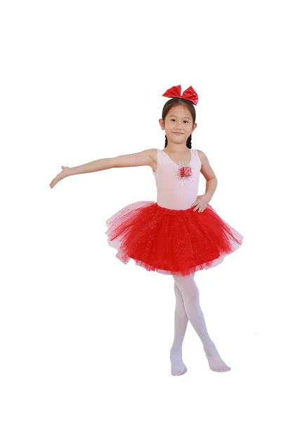 Χαρούμενη Ασιάτισσα Χορεύτρια Μπαλέτου Ροζ Κόκκινη Φούστα Tutu Που Απομονώνεται — Φωτογραφία Αρχείου