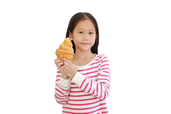 Portrait Asiatique Petite Fille Tenant Croissant Isolé Sur Fond Blanc — Photo