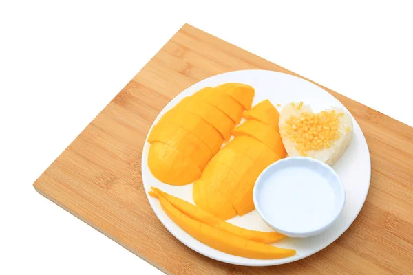 Mangue Dorée Riz Collant Servis Avec Crème Noix Coco Sur — Photo