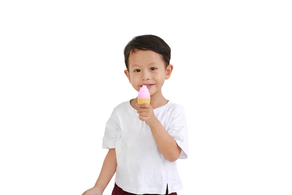 Retrato Ásia Pouco Bebê Menino Segurando Sorvete Brinquedo Branco Fundo — Fotografia de Stock