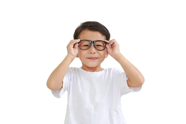 Retrato Niño Asiático Divertido Con Gafas Aisladas Sobre Fondo Blanco — Foto de Stock