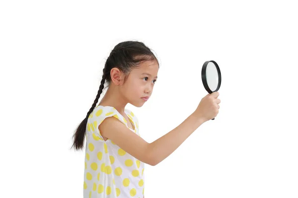 Asian Little Child Girl Looking Magnifying Glass Isolated White Background — Stock Photo, Image