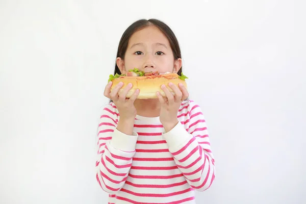 Asiatique Petit Enfant Fille Manger Chaud Chien Isolé Sur Blanc — Photo