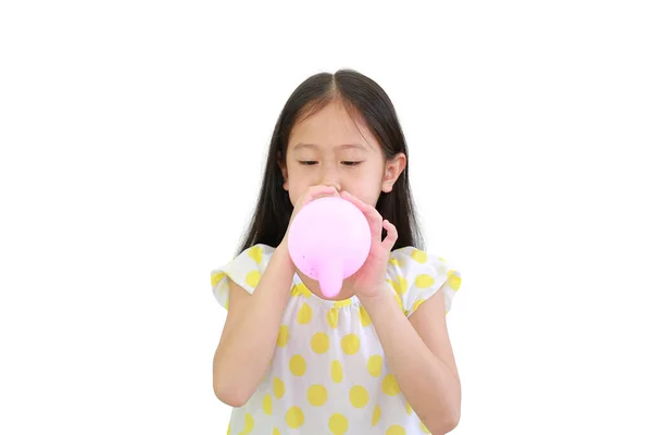 Bastante Asiática Menina Soprando Balão Isolado Fundo Branco — Fotografia de Stock