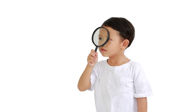 Asian Little Baby Boy Looking Magnifying Glass Isolated White Background — Stock Photo, Image