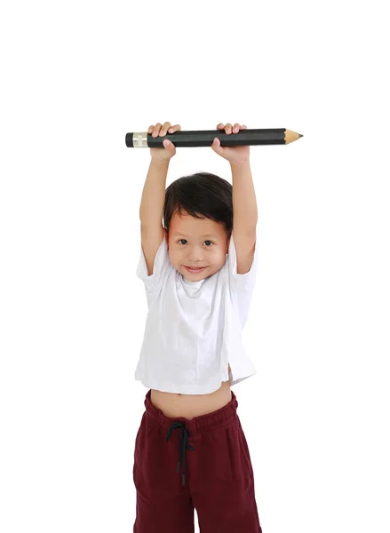 Asian Little Boy Hold Lift Big Pencil Head Isolated White — Stock Photo, Image