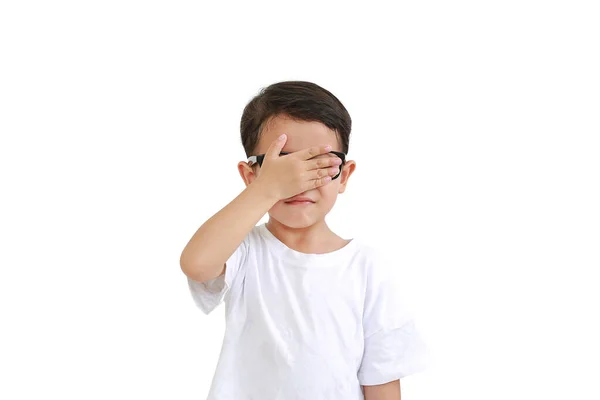 Portrait Funny Asian Little Boy Child Wearing Glasses Closing Hid — Stock Photo, Image