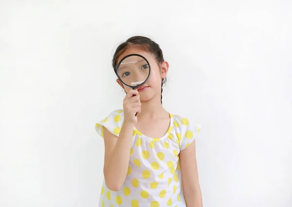 Little Asian Girl Child Looking Magnifying Glass White Background — Stock Photo, Image