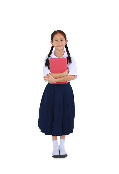 Pretty Asian Little Schoolgirl Thai School Uniform Standing Hugging Book — Stockfoto