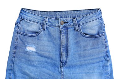 Mavi Kot 'un beyaz arka planda izole edilmiş yakın çekimi. Kırpma yolu olan Denim giysileri