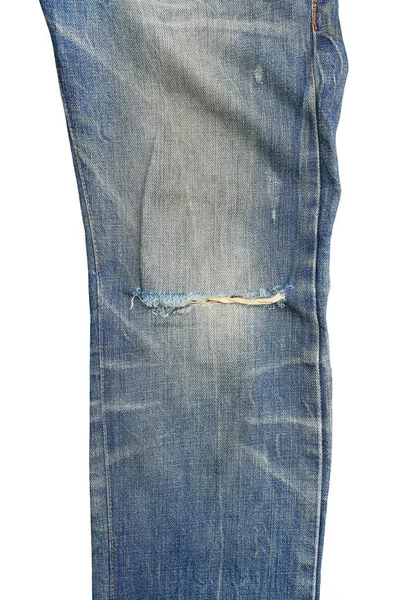 Close Torn Blue Jeans Geïsoleerd Witte Achtergrond Denim Kleding — Stockfoto