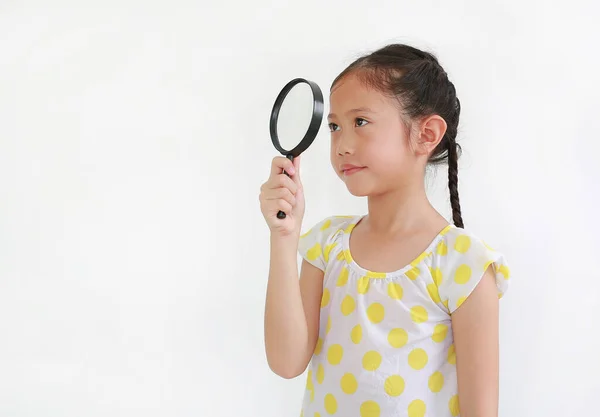 Asian Little Girl Child Looking Magnifying Glass White Studio Background — Stock Photo, Image