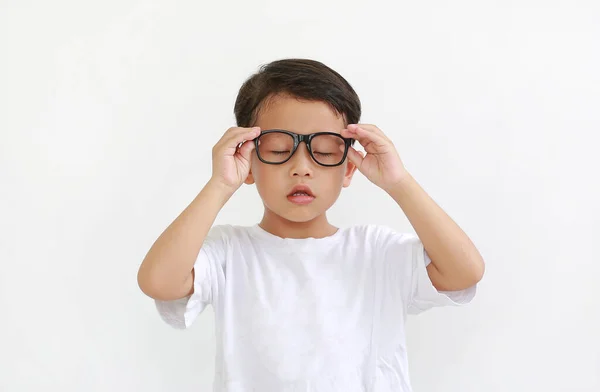 Portrait Asian Little Boy Child Closed Eyes Wearing Glasses Isolated — Stock Photo, Image