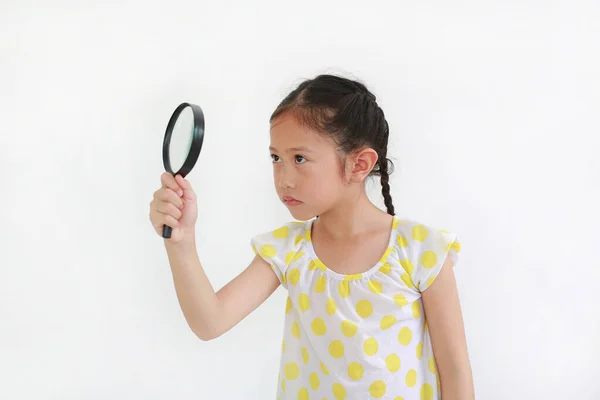 Asian Little Girl Child Looking Magnifying Glass White Background — Stock Photo, Image