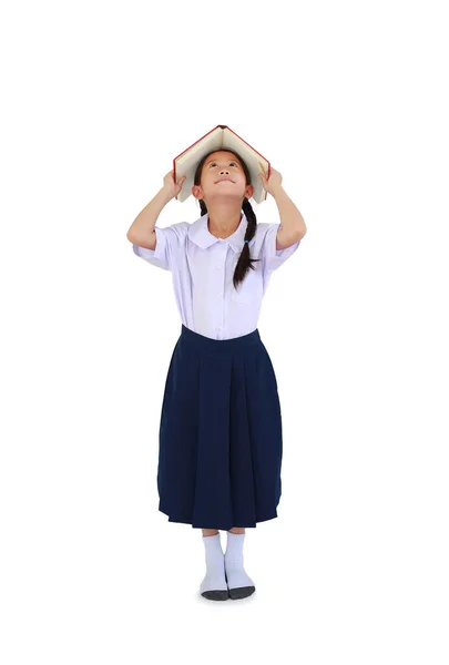 Asiatisk Liten Skolflicka Thailändsk Skoluniform Stående Med Hålla Öppen Bok — Stockfoto