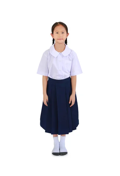 Hermosa Niña Asiática Uniforme Escolar Tailandés Pie Aislado Sobre Fondo —  Fotos de Stock