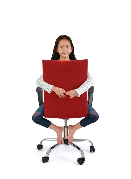 Cute Asian Little Girl Child Straddling Red Chair Looking Camera — Stock Photo, Image