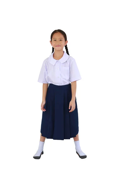 Estudante Asiática Sorridente Tailandês Uniforme Escolar Isolado Fundo Branco Comprimento — Fotografia de Stock