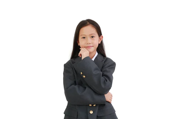 Asiatisches Kleines Schulmädchen Formalwear Hemd Schulanzug Und Anrührendem Kinn Während — Stockfoto