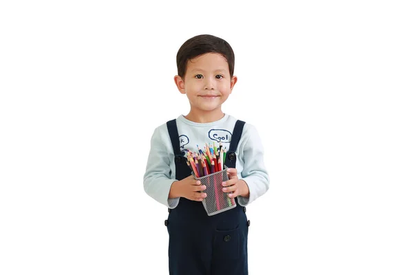 Lindo Niño Asiático Años Edad Sosteniendo Una Cesta Lápices Colores —  Fotos de Stock