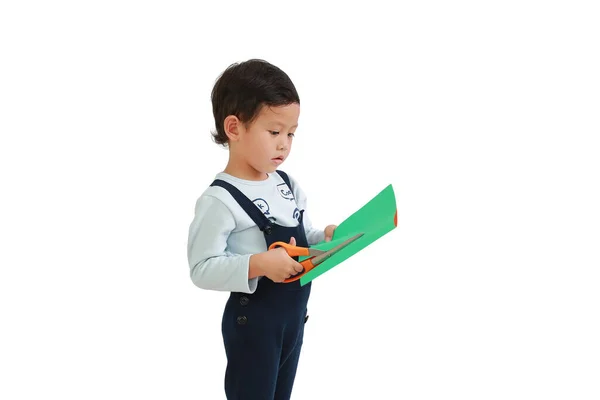 Азіатський Хлопчик Любить Ремісничі Роботи Ножиць Вирізьблених Кольоровим Папером Білому — стокове фото