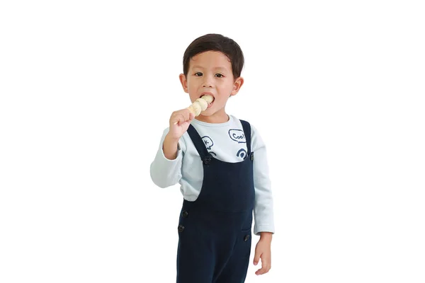 Asiatische Kleine Junge Essen Fleischbällchen Isoliert Auf Weißem Hintergrund Porträt — Stockfoto