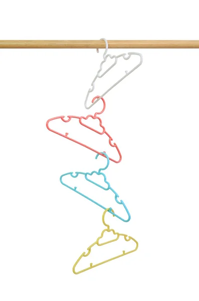 Кольорові Пластикові Вішалки Одягу Лінії Дерев Яного Одягу Білому Тлі — стокове фото